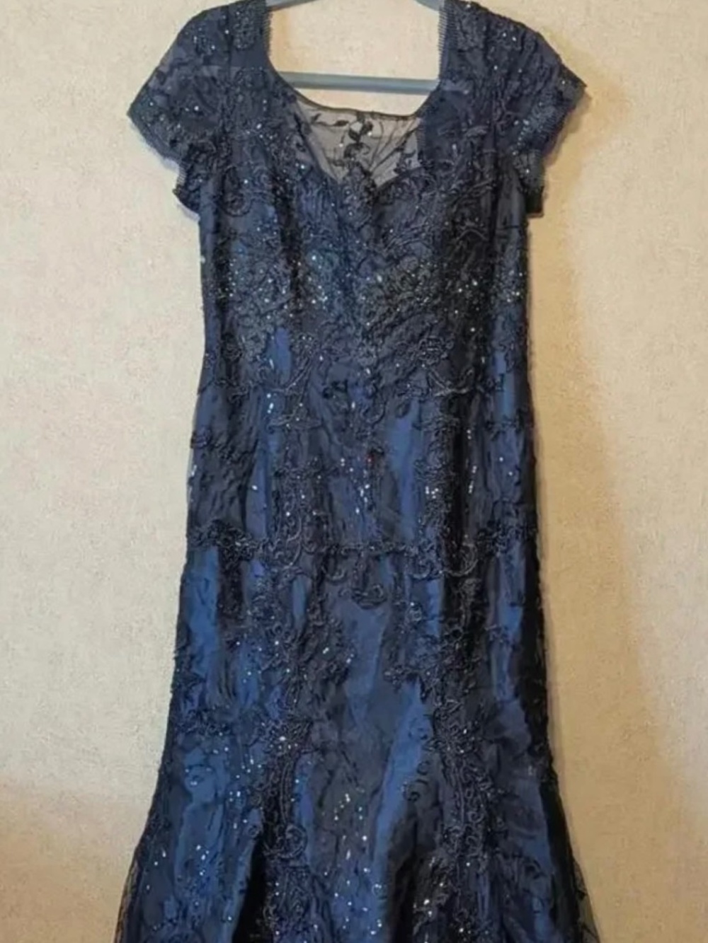 VM COLLECTION navy black beaded short sleeve mermaid maxi dress sz 10